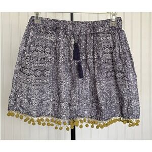 THML Boho Medallion Shorts Pom Pom Trim‎ Elastic Waist Festival Resort